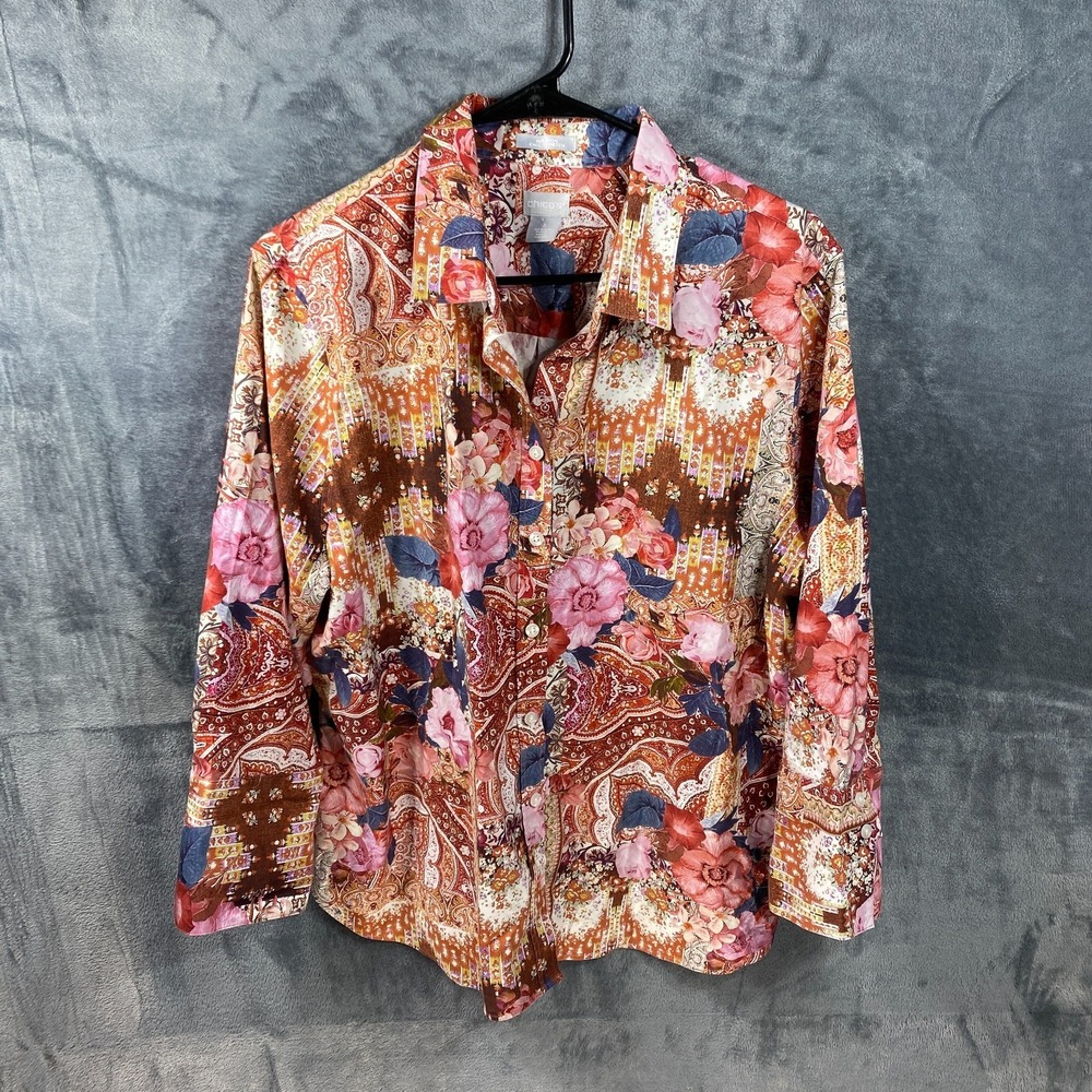 Chico's Shirt Blouse Womens 3 Size 16 No-Iron Chic Stretch Pink Patchwork Floral